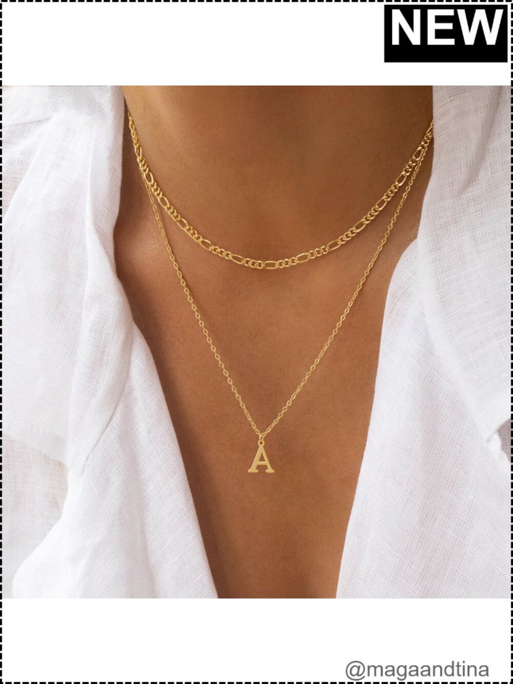 Initial Necklace Set Dainty Gold Plated Layered Figaro Chain Letter Pendant